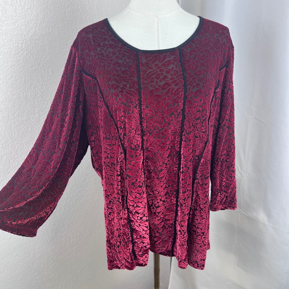 Y2K Fairy Grunge Top Womens 2X Red Sheer Burnout Velvet Floral Boho Festival